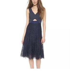 Rebecca Taylor Dress Women's 6 Lace Cut Out Navy Blue Floral Sleeveless Midi